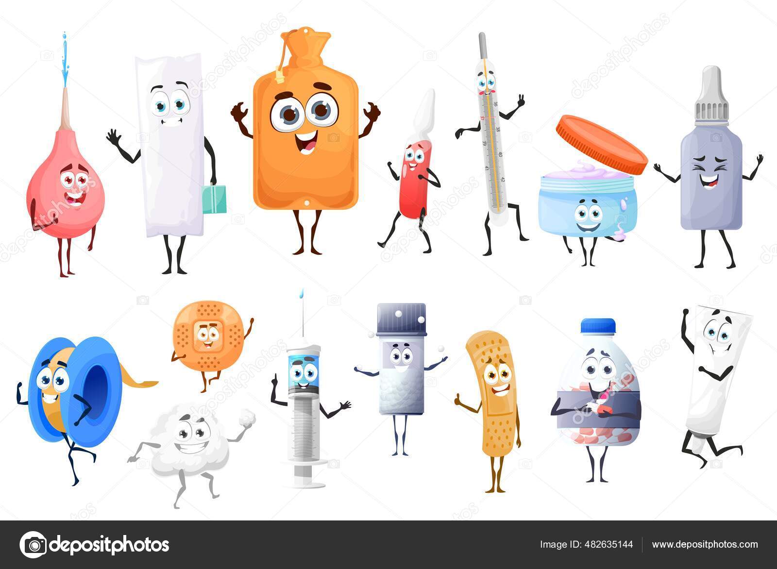Pílulas Desenhos Animados Drogas Personagens Medicamentos Vetor Mascotes  Medicina Bonito imagem vetorial de Seamartini© 482635144